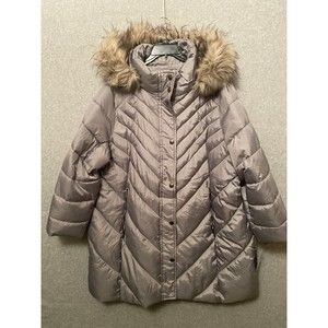 LONDON FOG Womens Plus 2X Faux-Fur Trim Hooded Down Puffer Coat Gray